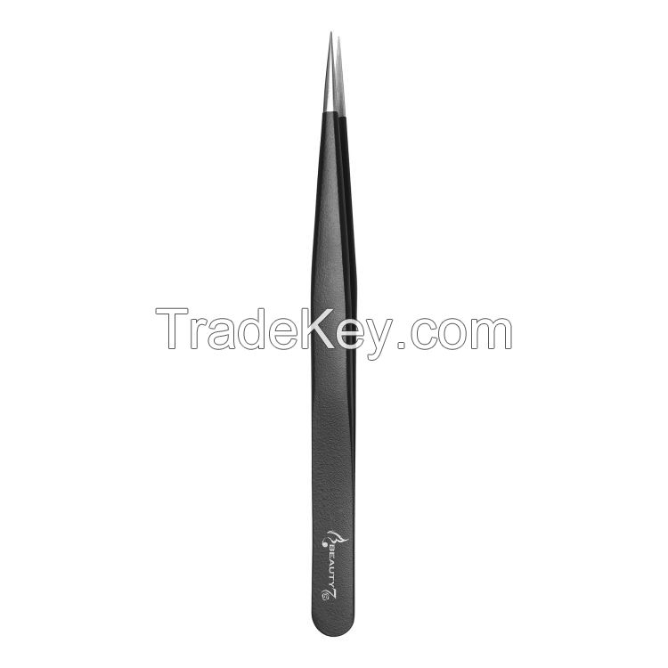 Lash Tweezers Set 2-Pcs Straight and Curved Anti-slip Black Coating Tweezers