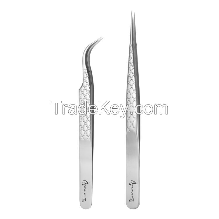 Lash Tweezers Set 2 Pcs S Shape/Straight Silver Diamond Grip Tweezers