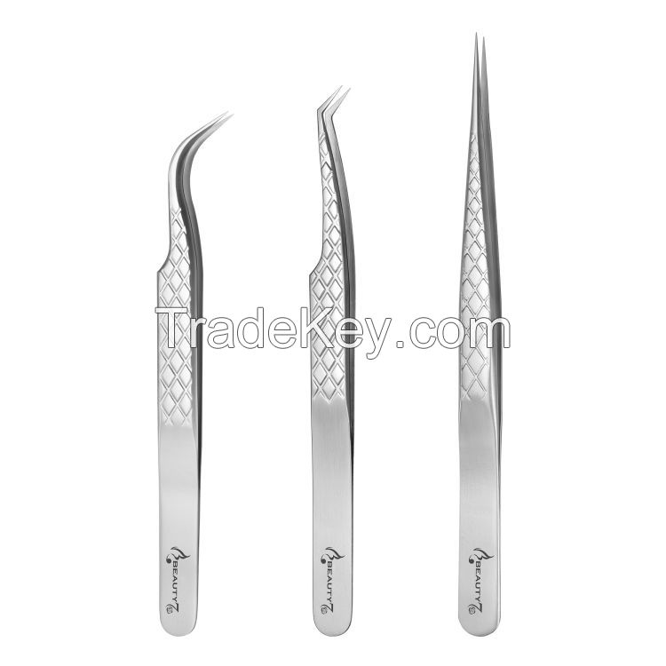 Silver Eyelash Extension Tweezers Set 3-pcs Stainless Steel Lash Tweezers