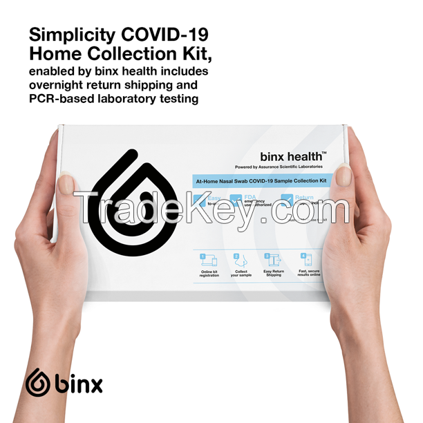 Simplicity COVID-19 Home Collection Kit, enabled by binx health includes overnight return shipping and PCR-based laboratory testing