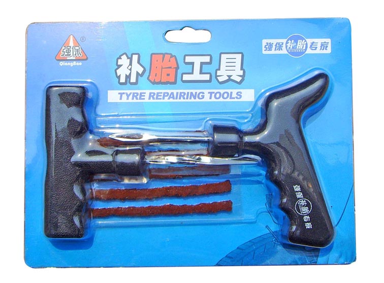 Tire repair tool set with strings