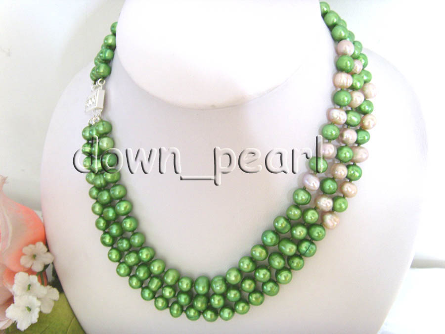 Three Strands Green Purple  Freshwater Pearl Necklace