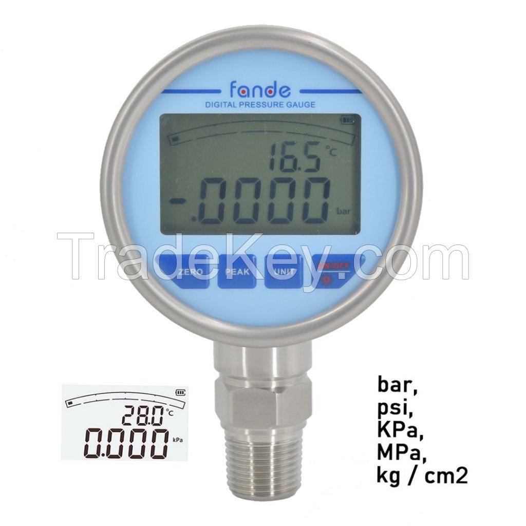 Fandesensor Digital Pressure Gauges LCD Display Oil Pressure Hydraulic Pressure Meter Stainless Steel Temp Backlight