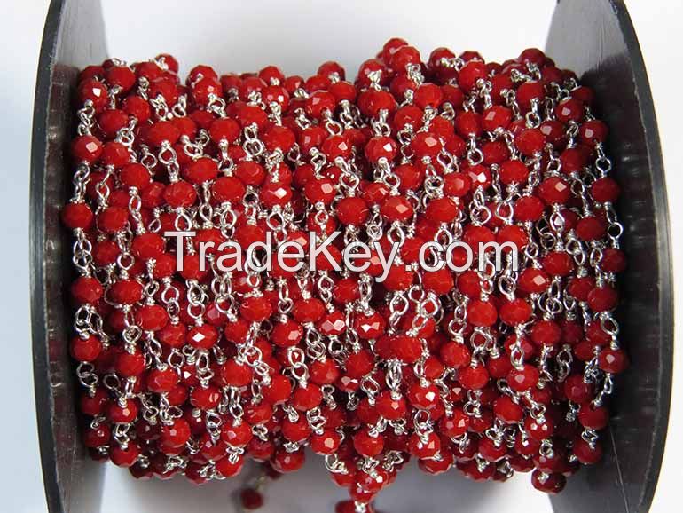 Coral Red Crystal 3 MM Wire Wrapped Rosary Style Chain