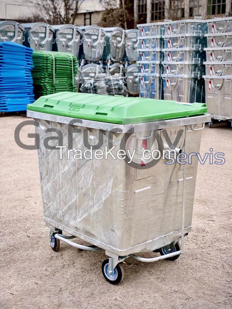 Metal waste container with flat plastic lid 1100 liters