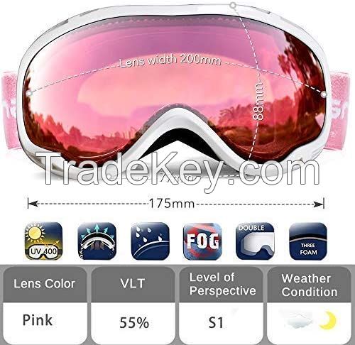Snowledge Ski Snow Goggles for Men Women Adult, OTG Snowboard Goggles of Dual Lens with Anti Fog for UV Protection for Girls