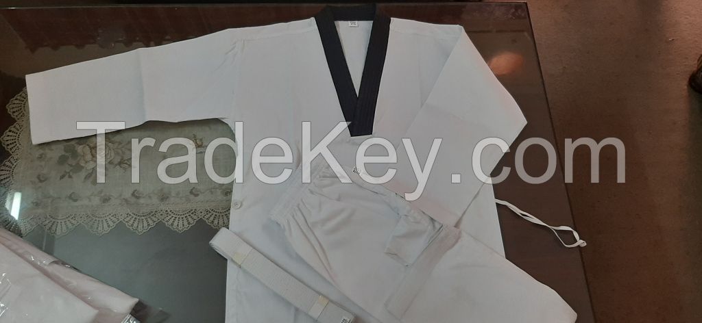 8 OZ RIBBED White Poly Cotton TAEKWONDO UNIFORM with White Pant and Belt Black V