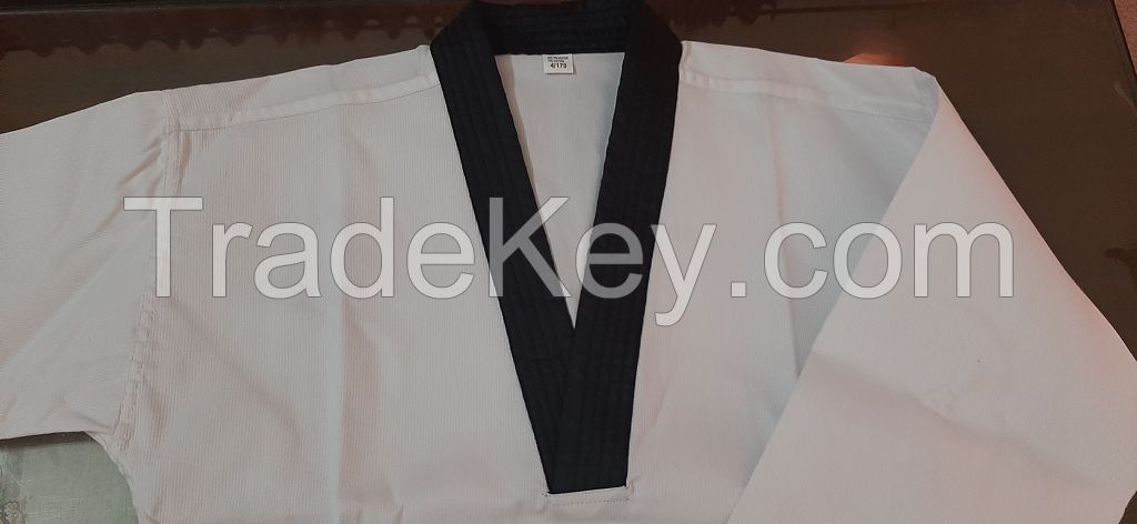 8 OZ RIBBED White Poly Cotton TAEKWONDO UNIFORM with White Pant and Belt Black V