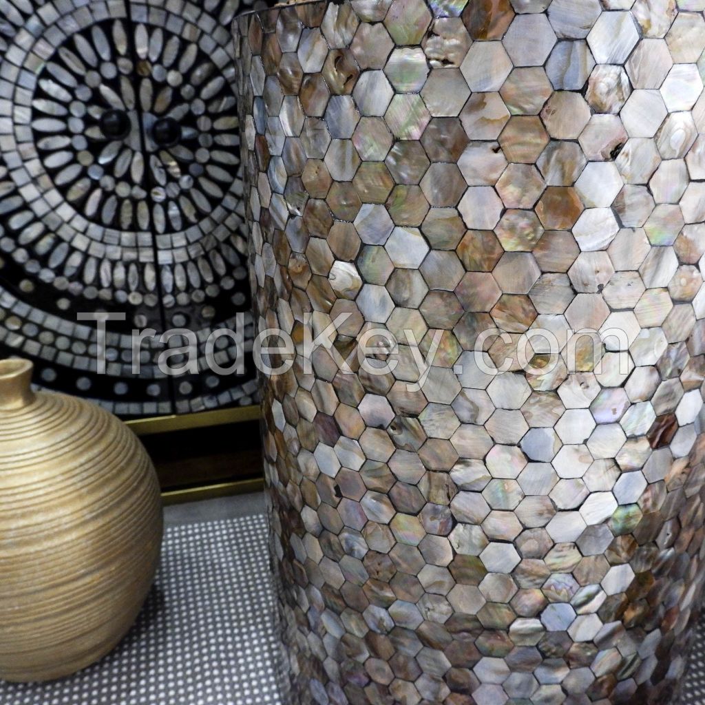 Brown Column Side Table With Honeycomb Mosaic