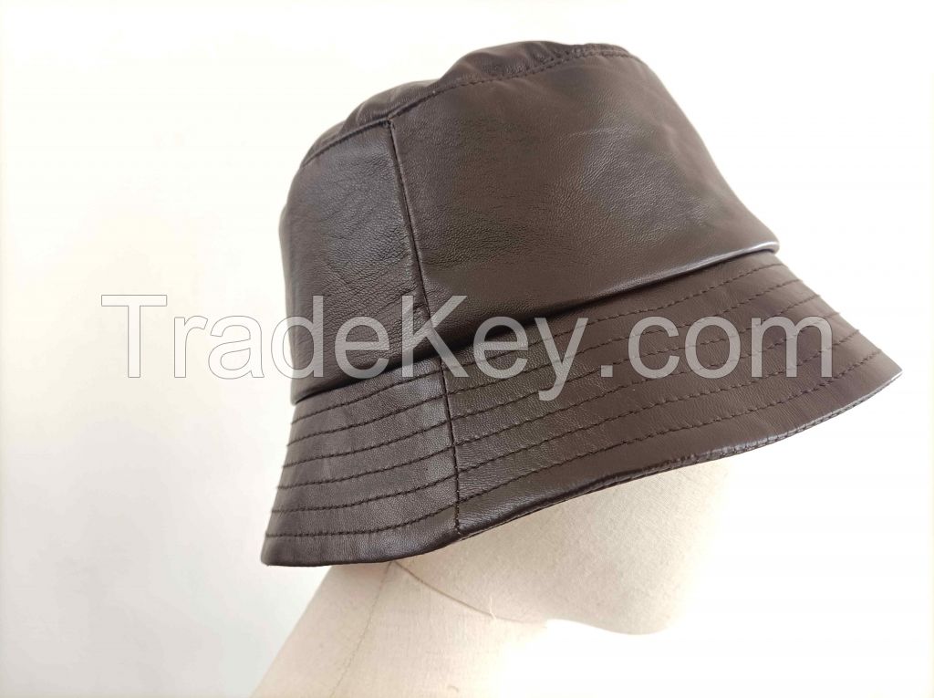 Women's fashion genuine sheepskin leather bucket hat