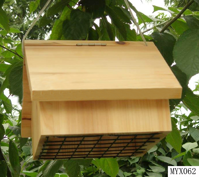 wooden bird feeder with meshy below ,upside down suet