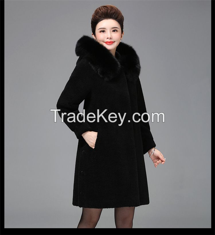 European Style Ladies Fleece Winter Shearling Fur Overcoat Warm Wool Jacket Boutique Sheepskin Integrated Lamb Fur Women Coat