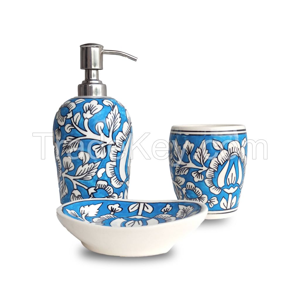 Blue Pottery Bathroom Set Of 3 Piece