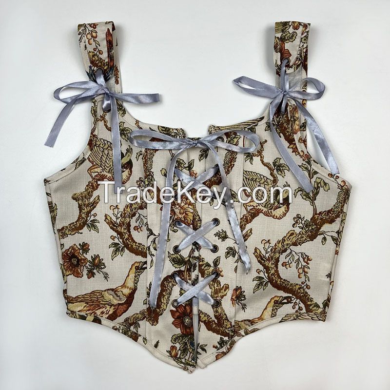 Floral Beach Party Sexy Crop Women Backless Bandage French Vintage Halter Top Korean Fashion Bohol Lace with Corset