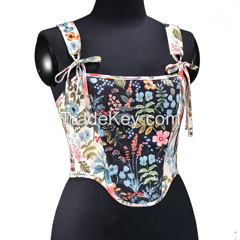 Gothic Sexy Corset Camis Women Vintage Lace Harajuku Print Streetwear Summer Black Crop Top Sleeveless Bandage Tops