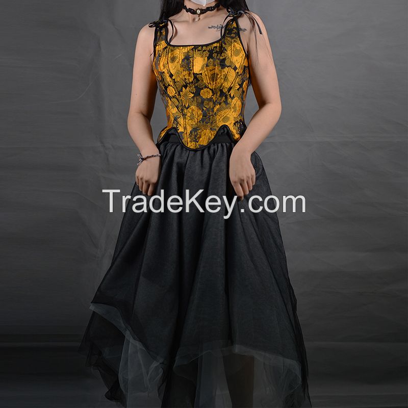 Embroidery Sunflower Oil Painting Style Retro Vintage Lace Up Overbust Corset For Women