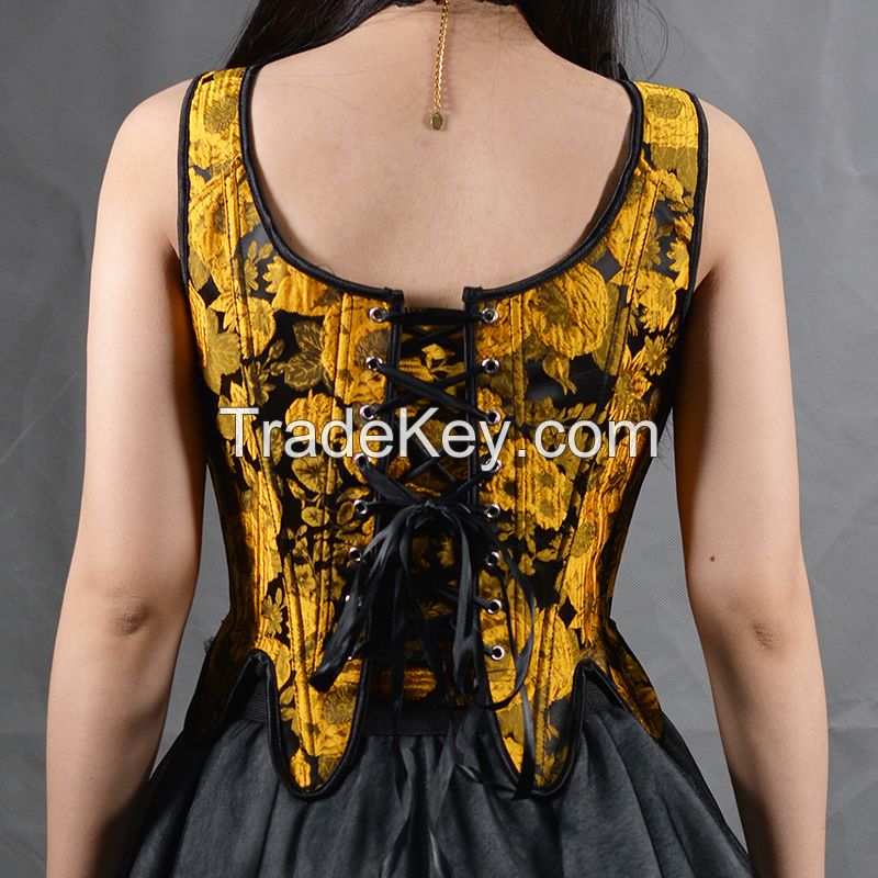 Embroidery Sunflower Oil Painting Style Retro Vintage Lace Up Overbust Corset for Women