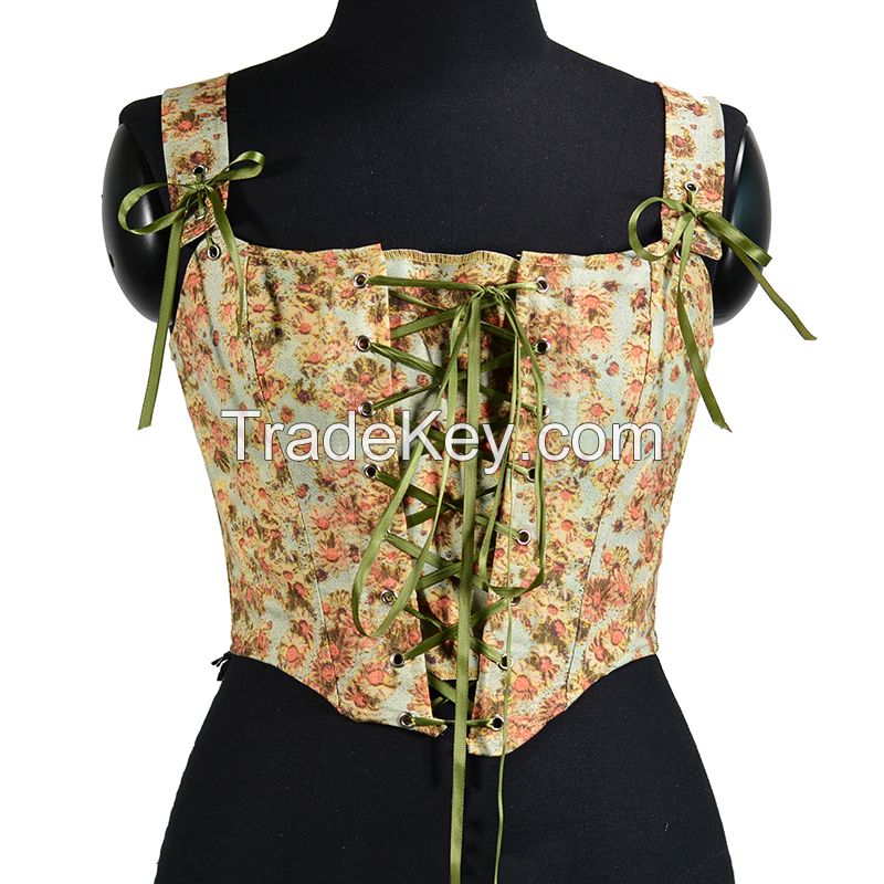 Ins Fashion Floral Print Shirt Lace Up Corset Women French Vintage Bandage Lace Tops Female Blouses