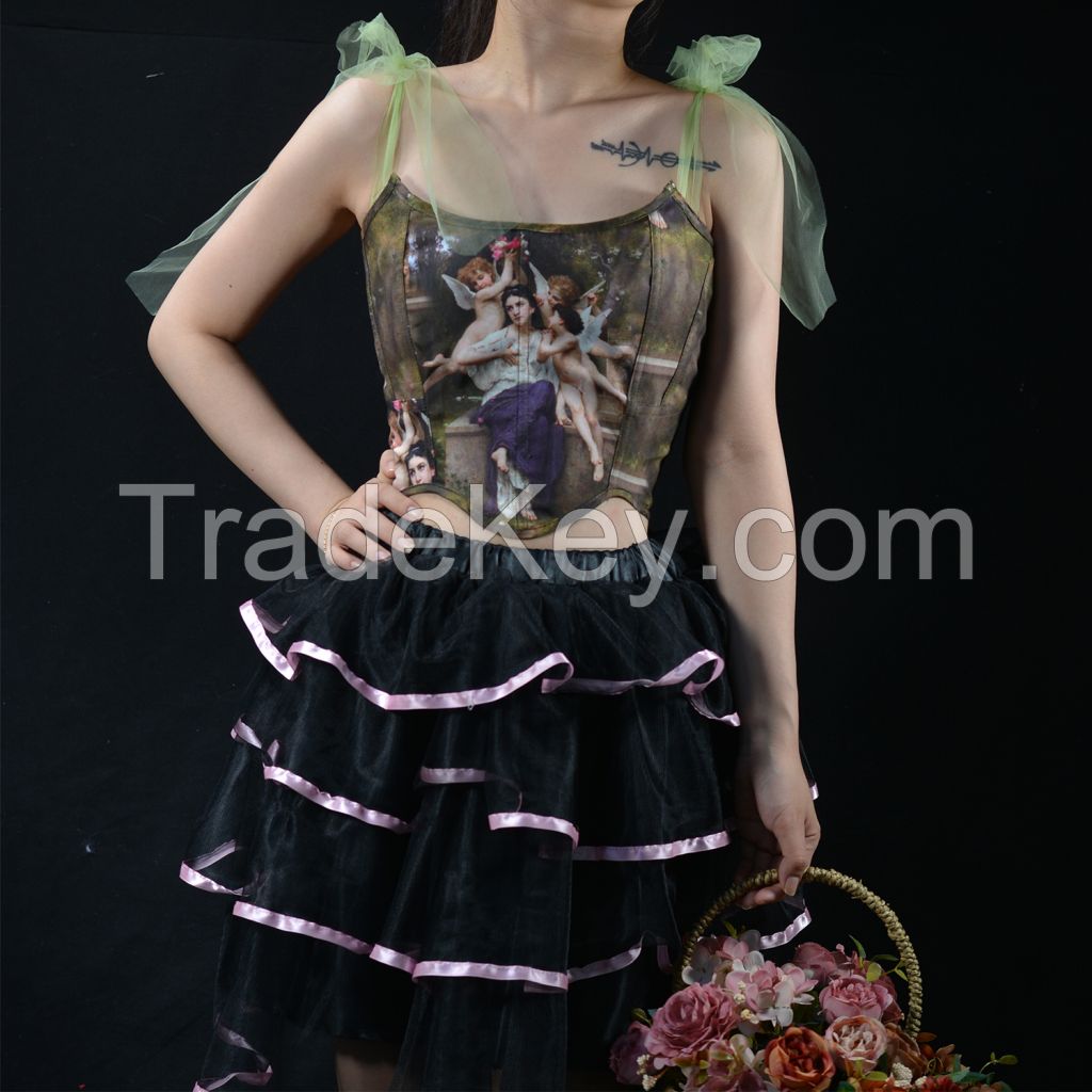 Fairy Grunge Lace Up Bandage Belt Corset Top Renaissance Retro Aesthetic Bodycon Pattern Tops Women Y2K Clothes