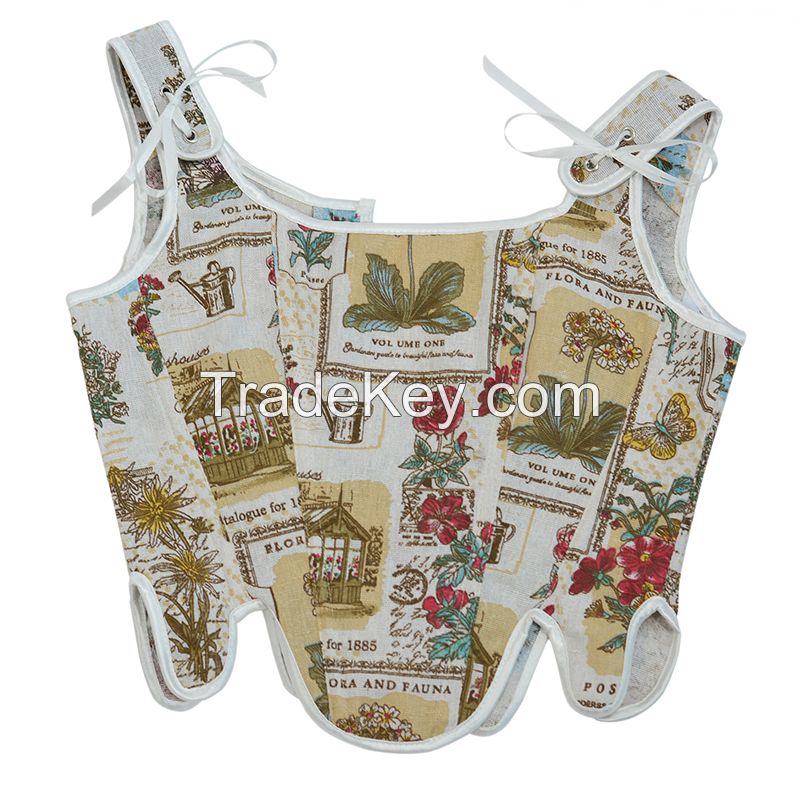 Floral Y2k Crop Top Linen Cotton Sexy Corset Top Halter Sweats Female Summer Party Clubwear Cute Vests