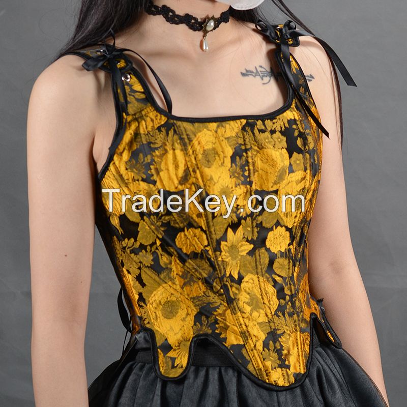 Embroidery Sunflower Oil Painting Style Retro Vintage Lace Up Overbust Corset for Women