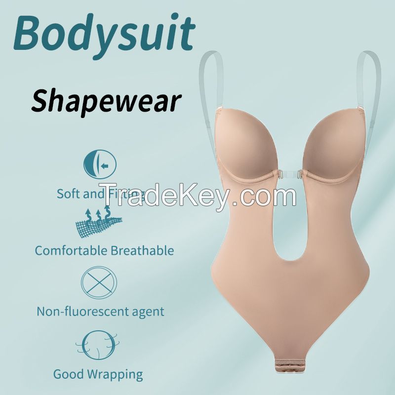 Bodysuit Shapewear Deep V-Neck Body Shaper Backless U Plunge Thong Shapers Waist Trainer Women Clear Strap Padded Push Up Corset