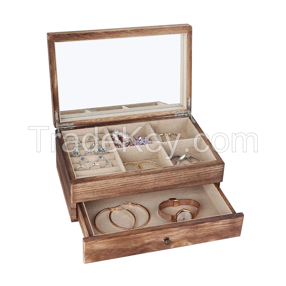 Customized Wooden Jewelry Box Carbonized Paulownia Wood Jewelry Display Box With Mirror and Drawer