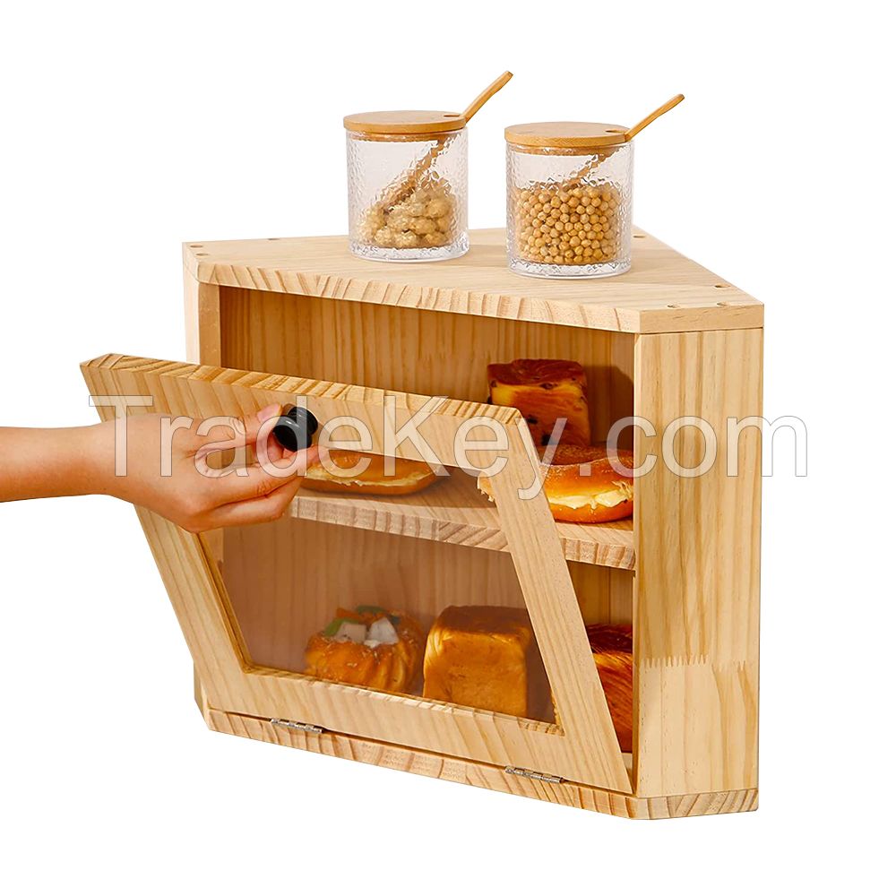 Hot Sale Wooden Bread Box Varnished Pine Wood Bread Storage Box With Transparent Acrylic Lid