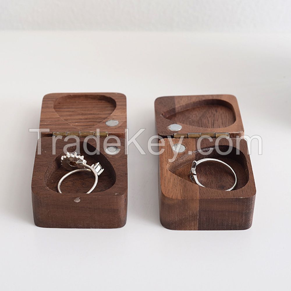 Square Shape Small Wooden Ring Box Walnut Wood Ring Box With Magnetic Flip Lid