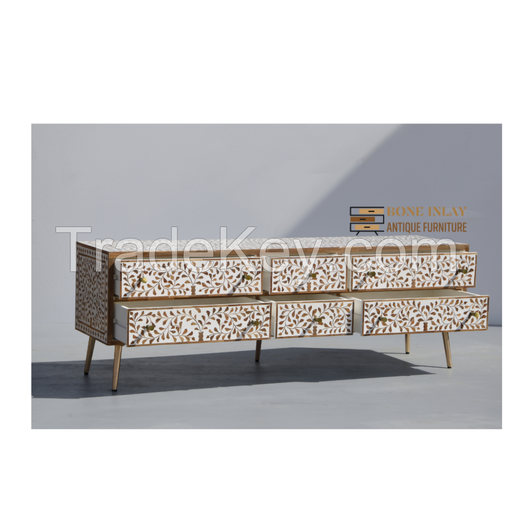 Wood Inlay Media Console Table 