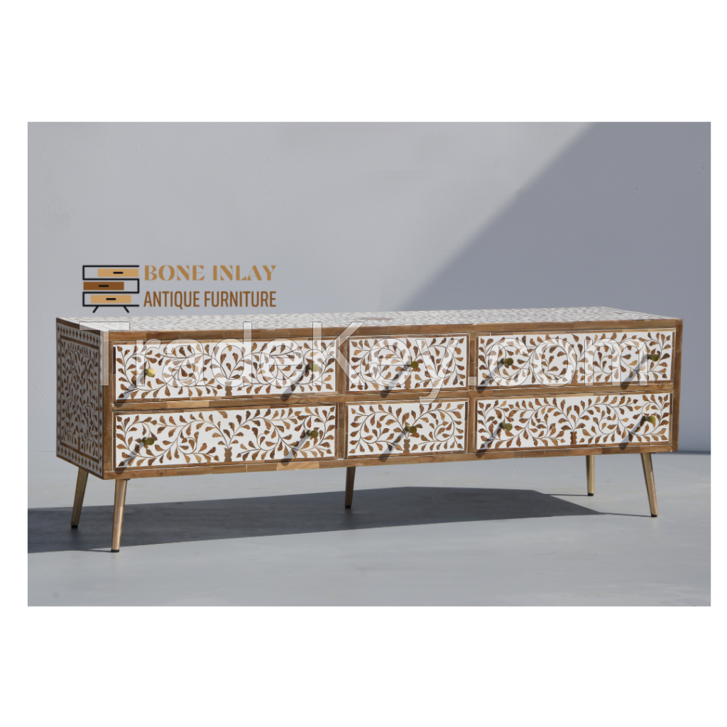 Wood Inlay Media Console Table