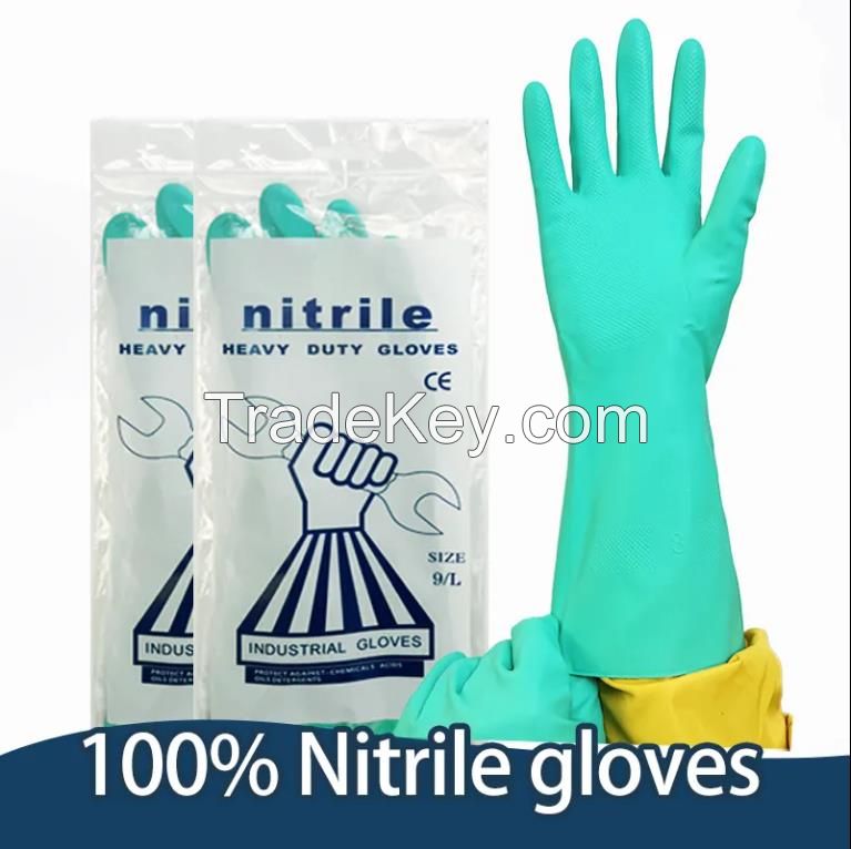 Custom logo Green Chemical Resistant Acid Alkali Oil Proof Kitchen cleaning household Hand Nitrile Gloves