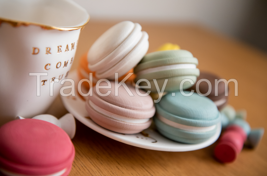 Wooden set of toy cookies macaron and candles