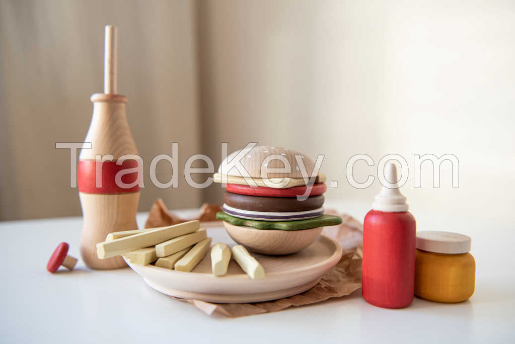 Wooden Set Of Hamburger, French Fries And Coke