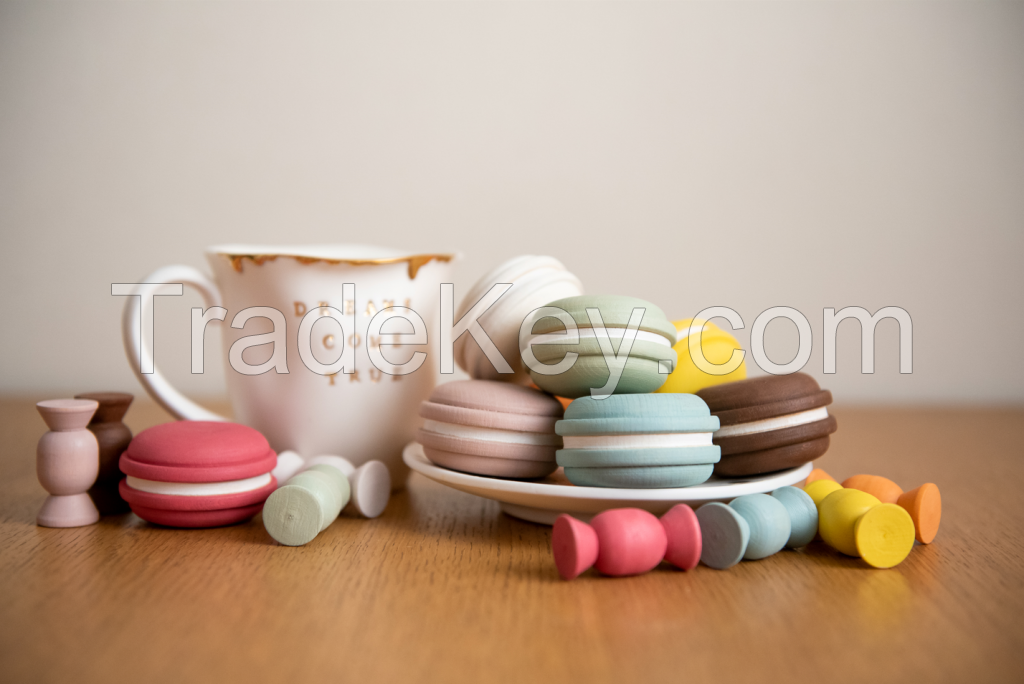 Wooden Set Of Toy Cookies Macaron And Candles