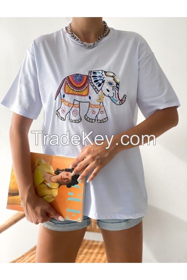 Women's T-Shirt Elephant Patterned Embroidered Beaded T-Shirt Ideal for 2022 Summer Season Stylish Design