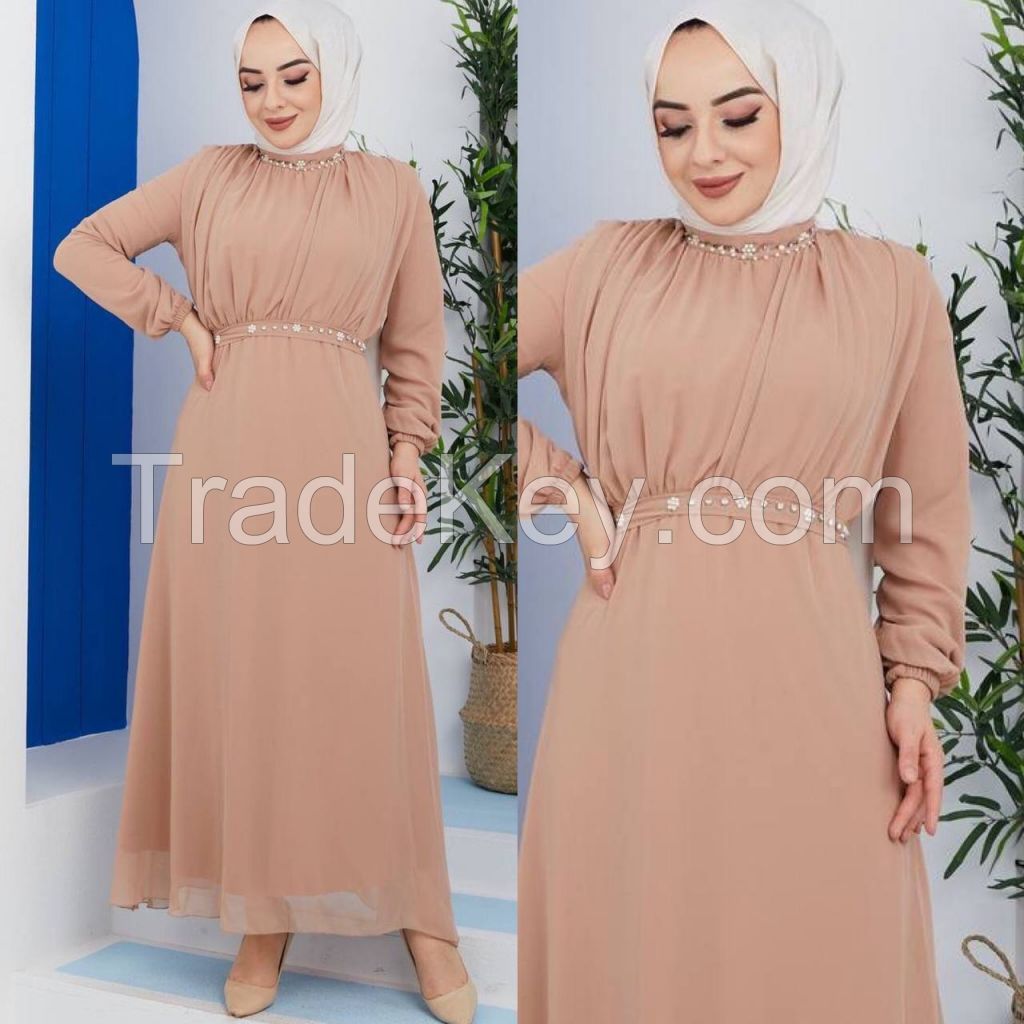Women's Hijab Dress Waistline Embroidery Detail 2022 Summer Season Wedding Graduation Hijab Clothing