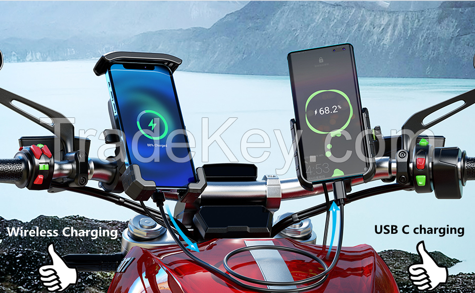 PSM14A. Car Qi 15W, wireless and USB C 20W fast charging waterproof motorcycle mobile phone bracket.