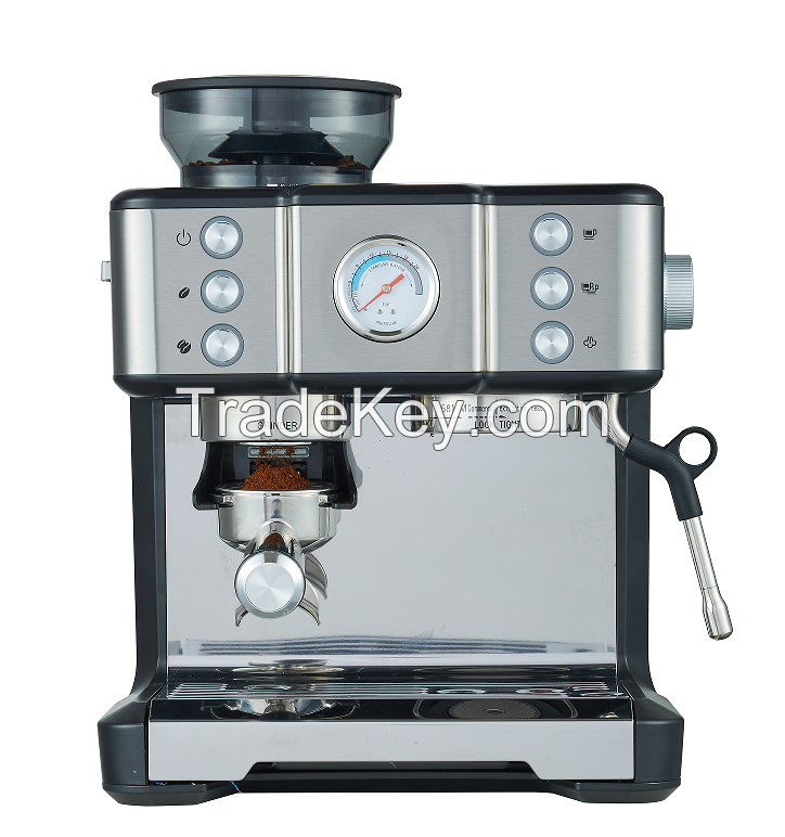 PSCM7000 coffee grinding machine.  15Bar, French drip / latte and other Italian espresso extraction, 1 cup / 2 cup mechanical button + instrument number, 2300W, steam type, powder hammer 58mm, 30 level grinding setting