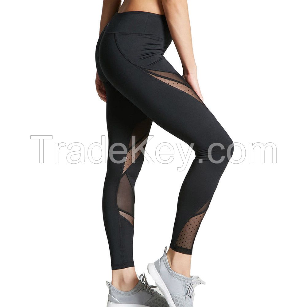 Fashion Black Mesh Patchwork High Waist Fitness Yoga Leggings Women Polyester Spandex Leggings