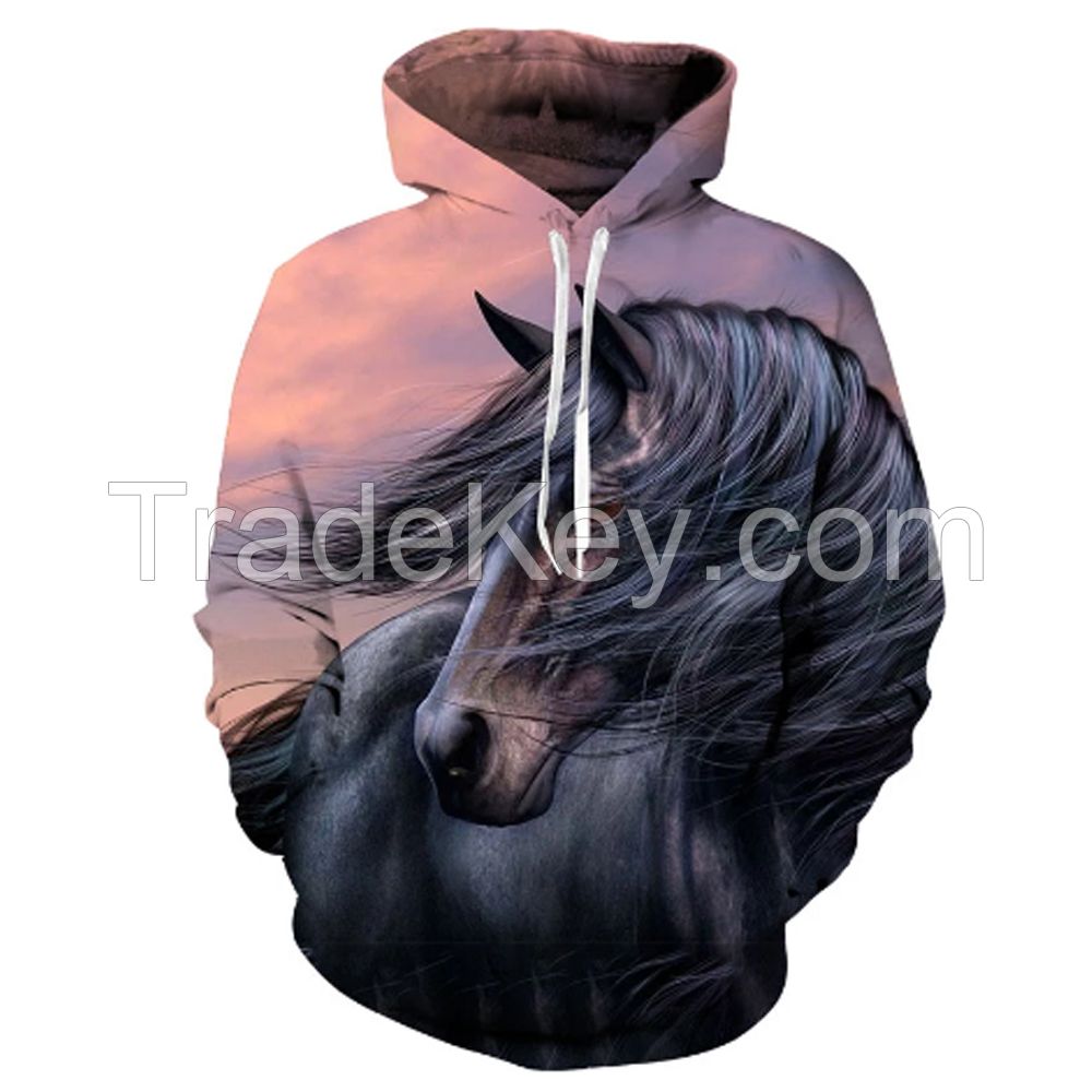 Deep plus size men brown horse 3D printing hoodies 3d running horse print pull over hoodies 