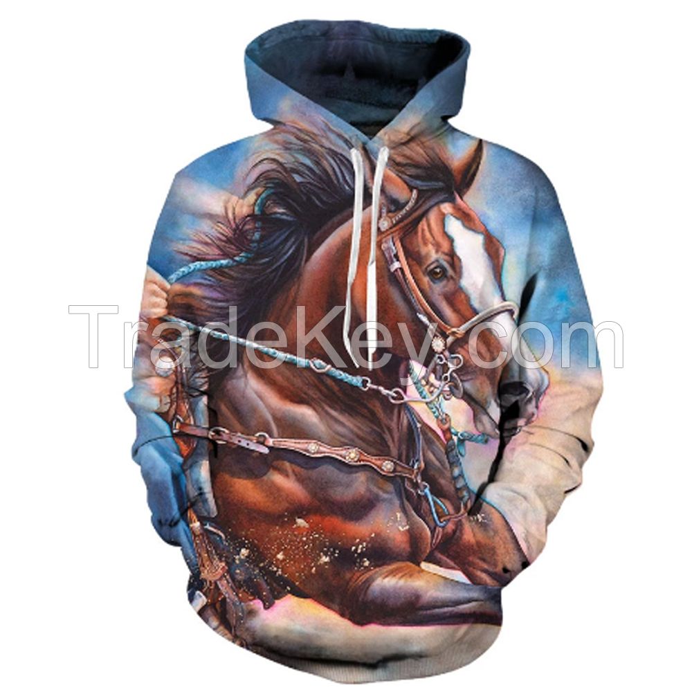Deep plus size men brown horse 3D printing hoodies 3d running horse print pull over hoodies