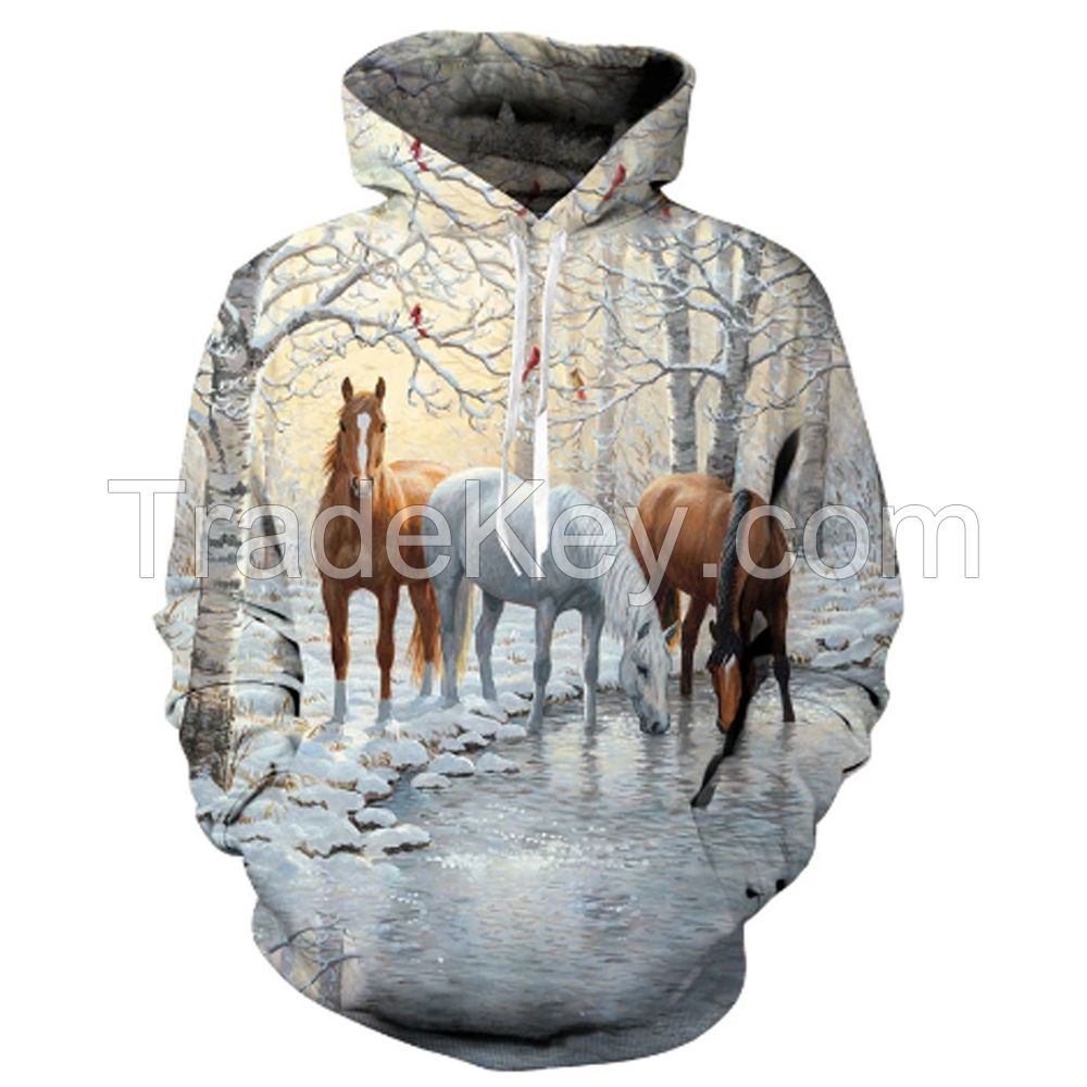 Deep plus size men brown horse 3D printing hoodies 3d running horse print pull over hoodies 