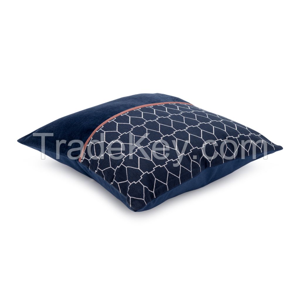 Cotton cushion cover with a geometric print, blue, collection Ethnic