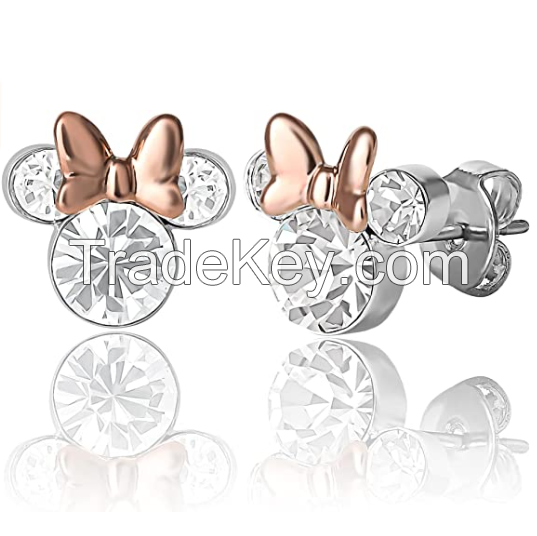 Minnie Mouse Crystal Birthstone Stud Earrings, Silver Plated, Gold Plated