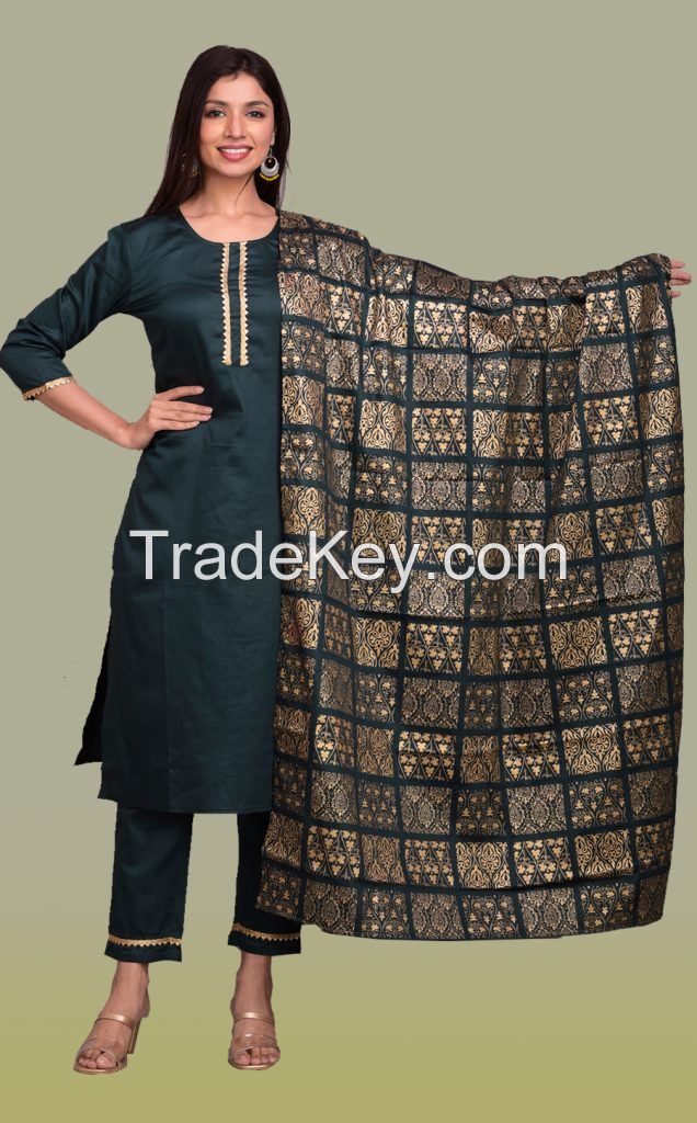  Embellished Straight Kurta,Pant with Dupatta Set