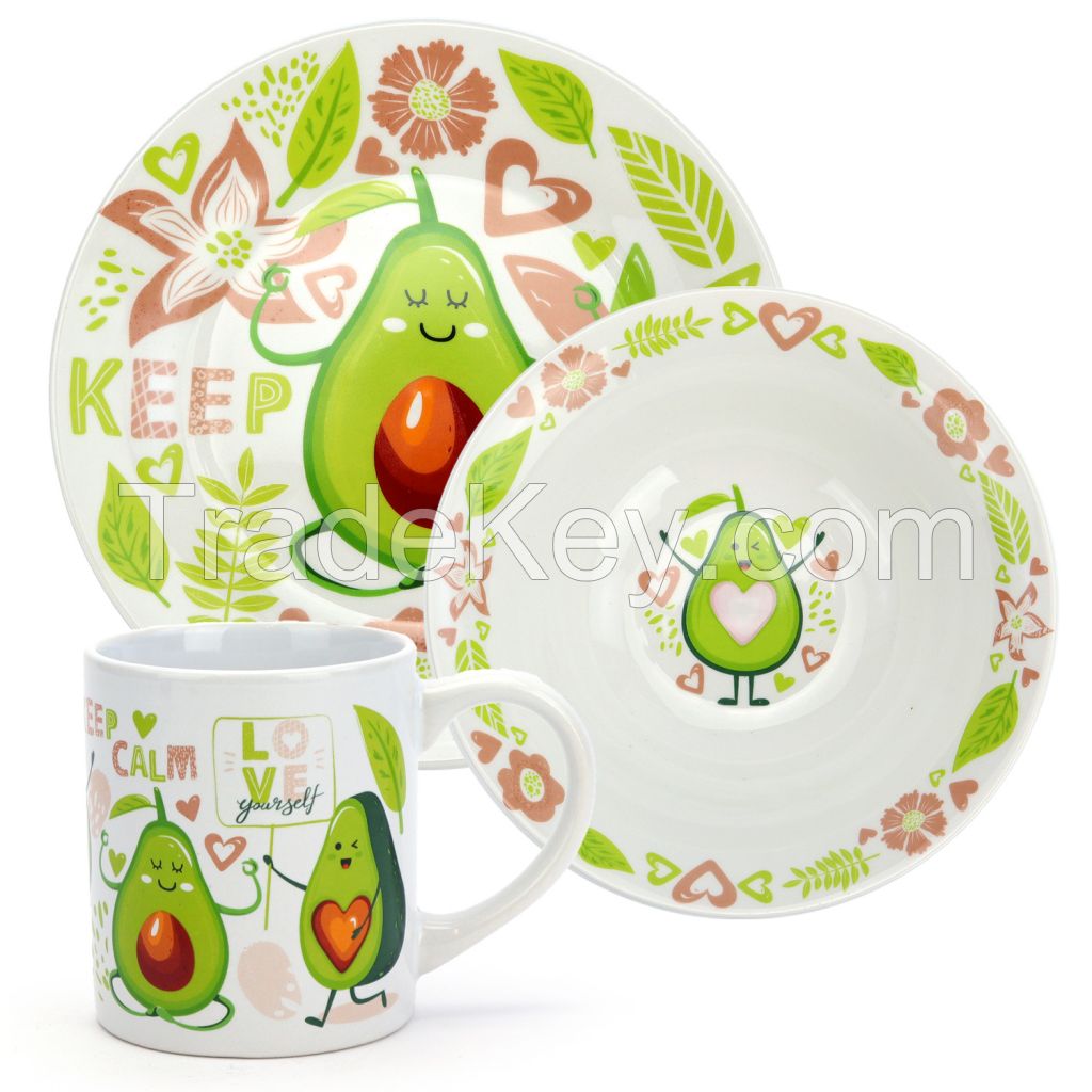 3-piece Tableware set gift box packing Avocado. Keep Calm, Porcelain