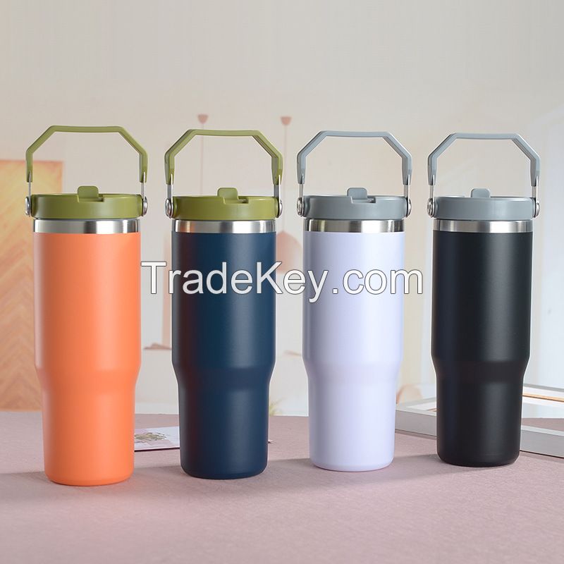 Flip straw water bottle 30 oz with handle