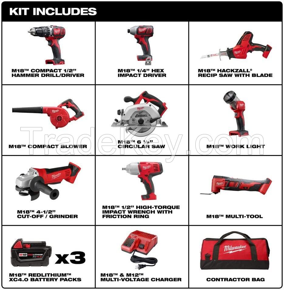 Authentic New MILWAUKEE M18 18-Volt Lithium-Ion Cordless Combo Tool Kit (9 Tools) with (3) 4.0 Ah Batteries, Charger, and Tool Bag