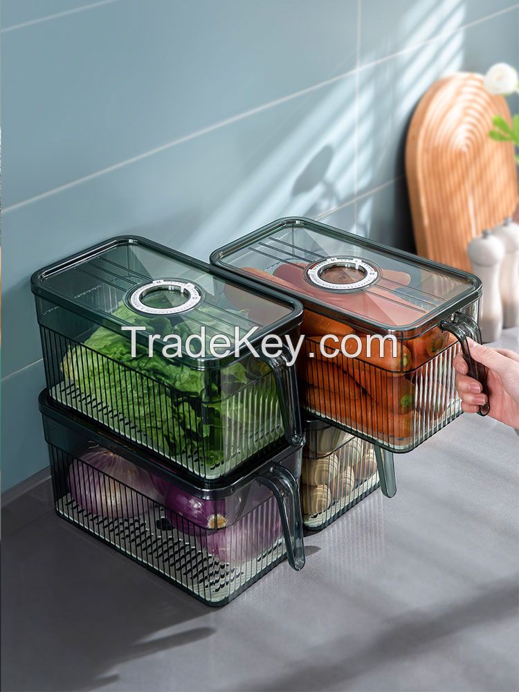 Fridge Organizer with Freshness Timer Lid, Stackable Refrigerator Organizer Bins with Front Handle and Drain Tray, BPA-FREE Clear Plastic Storage Bins for Kitchen, Pantry, Refrigerator